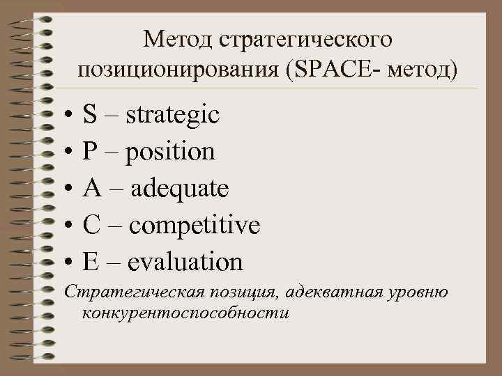 Метод стратегического позиционирования (SPACE метод) • • • S – strategic P – position