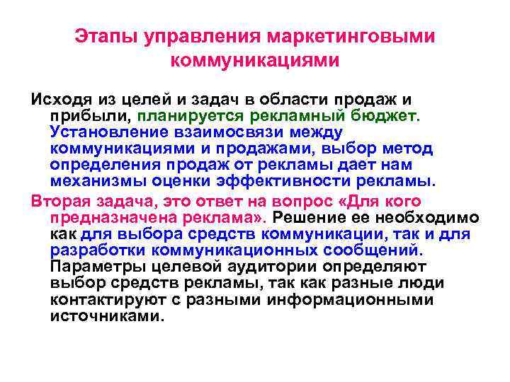 Этапы управления маркетинговыми коммуникациями Исходя из целей и задач в области продаж и прибыли,