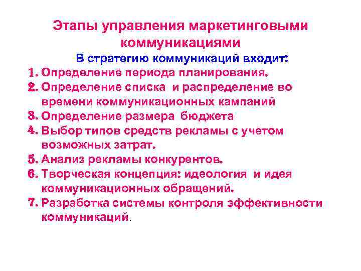 Этапы управления маркетинговыми коммуникациями В стратегию коммуникаций входит: 1. Определение периода планирования. 2. Определение