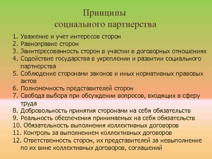 Принципы социального партнерства 1. 2. 3. 4. Уважение и учет интересов сторон Равноправие сторон