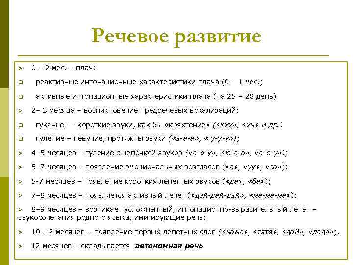 Речевое развитие Ø 0 – 2 мес. – плач: q реактивные интонационные характеристики плача