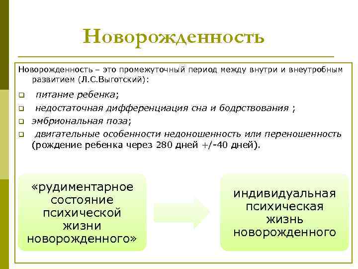 Промежуточное положение между. Новорожденность в психологии. Кризисные проявления новорожденности. Период новорожденности кризис новорожденности. Кризис новорожденности Выготский.