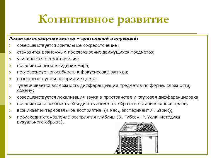 Когнитивное развитие Развитие сенсорных систем – зрительной и слуховой: Ø совершенствуется зрительное сосредоточение; Ø