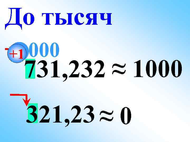 До тысяч +1 000 731, 232 ≈ 1000 321, 23 ≈ 0 