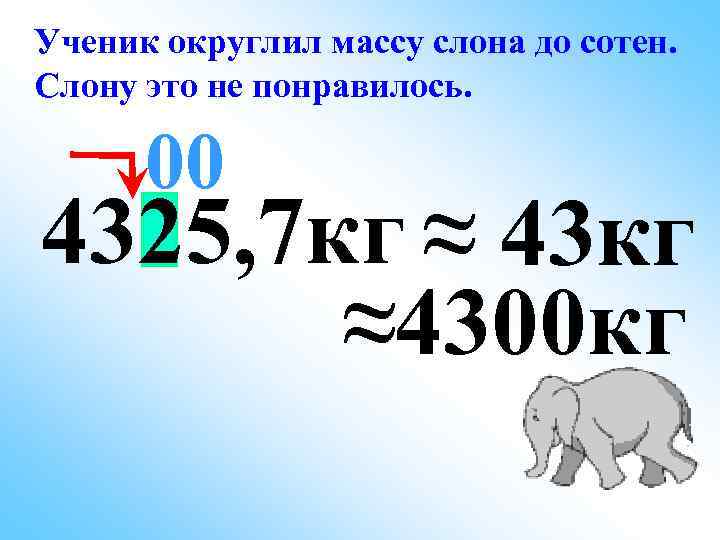 Ученик округлил массу слона до сотен. Слону это не понравилось. 00 4325, 7 кг