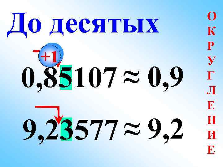 До десятых +1 0, 85107 ≈ 0, 9 9, 23577 ≈ 9, 2 О