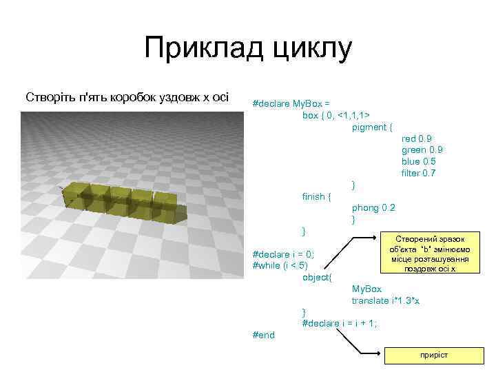 Приклад циклу Створіть п'ять коробок уздовж x осі #declare My. Box = box {