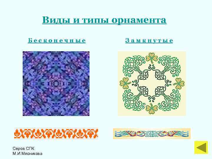 Виды и типы орнамента Бесконечные Серов СПК М. И. Мясникова Замкнутые 