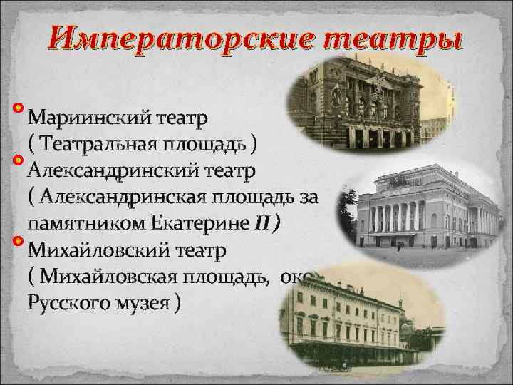 Императорские театры Мариинский театр ( Театральная площадь ) Александринский театр ( Александринская площадь за
