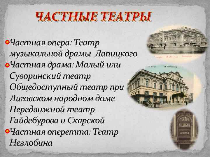 ЧАСТНЫЕ ТЕАТРЫ Частная опера: Театр музыкальной драмы Лапицкого Частная драма: Малый или Суворинский театр