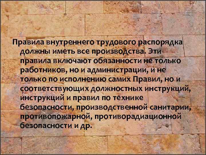 Правила внутреннего трудового распорядка должны иметь все производства. Эти правила включают обязанности не только