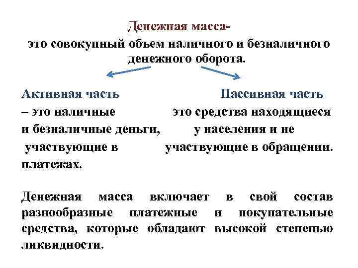 Денежная массаэто совокупный объем наличного и безналичного денежного оборота. Активная часть Пассивная часть –