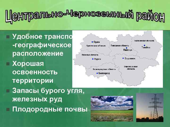 n n Удобное транспортно -географическое расположение Хорошая освоенность территории Запасы бурого угля, железных руд
