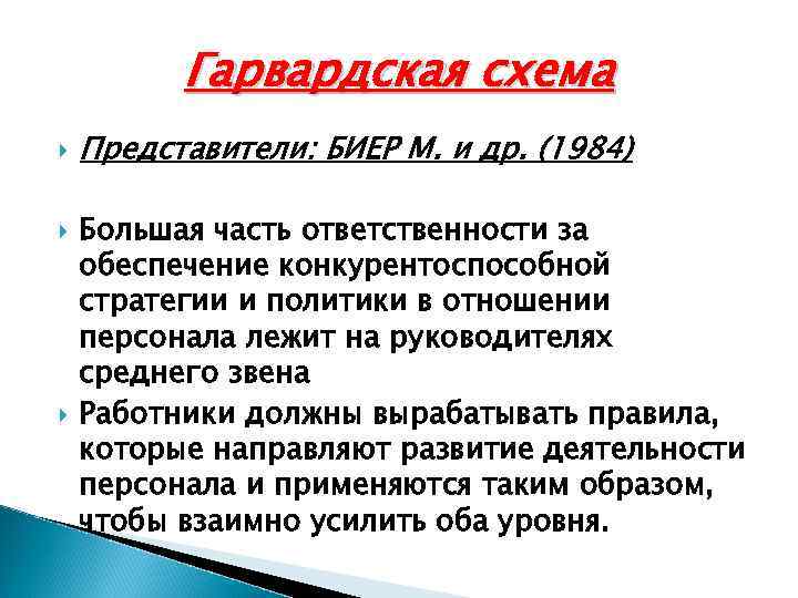 Гарвардская схема Представители: БИЕР М. и др. (1984) Большая часть ответственности за обеспечение конкурентоспособной