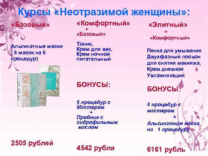 Курсы «Неотразимой женщины» : «Базовый» «Комфортный» Альгинатные маски ( 6 масок на 6 процедур)