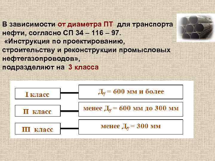 В зависимости от диаметра ПТ для транспорта нефти, согласно СП 34 – 116 –