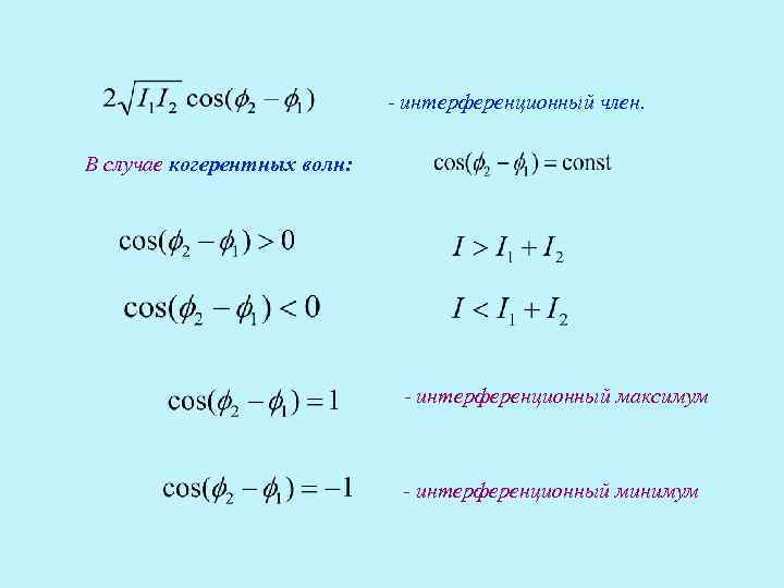 - интерференционный член. В случае когерентных волн: - интерференционный максимум - интерференционный минимум 