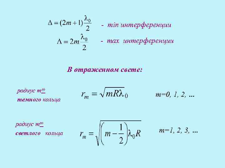 - min интерференции - max интерференции В отраженном свете: радиус mго темного кольца радиус
