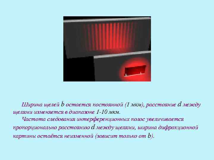 Ширина щелей b остается постоянной (1 мкм), расстояние d между щелями изменяется в диапазоне