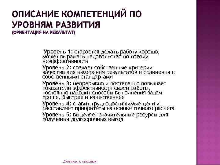 ОПИСАНИЕ КОМПЕТЕНЦИЙ ПО УРОВНЯМ РАЗВИТИЯ (ОРИЕНТАЦИЯ НА РЕЗУЛЬТАТ) Уровень 1: старается делать работу хорошо,