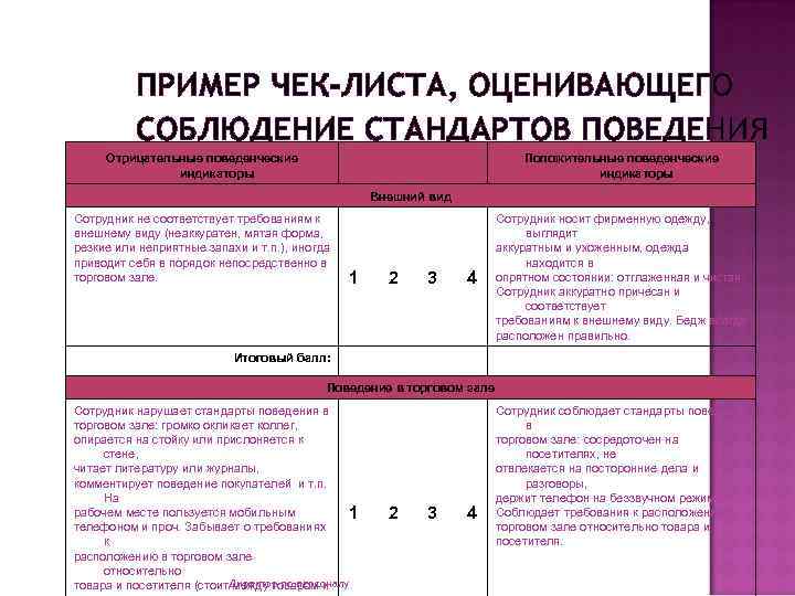 ПРИМЕР ЧЕК-ЛИСТА, ОЦЕНИВАЮЩЕГО СОБЛЮДЕНИЕ СТАНДАРТОВ ПОВЕДЕНИЯ Отрицательные поведенческие индикаторы Положительные поведенческие индикаторы Внешний вид