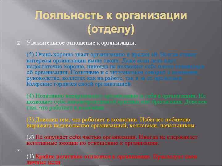 Лояльность к организации (отделу) Уважительное отношение к организации. (5) Очень хорошо знает организацию и