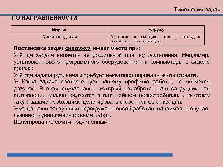 Типология задач ПО НАПРАВЛЕННОСТИ: Внутрь Своим сотрудникам Наружу Сторонняя организация, внешний специалист соседнего отдела