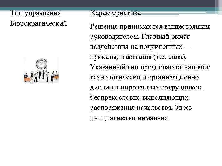 Тип управления Бюрократический Характеристика Решения принимаются вышестоящим руководителем. Главный рычаг воздействия на подчиненных —