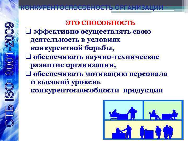 КОНКУРЕНТОСПОСОБНОСТЬ ОРГАНИЗАЦИИ ЭТО СПОСОБНОСТЬ q эффективно осуществлять свою деятельность в условиях конкурентной борьбы, q