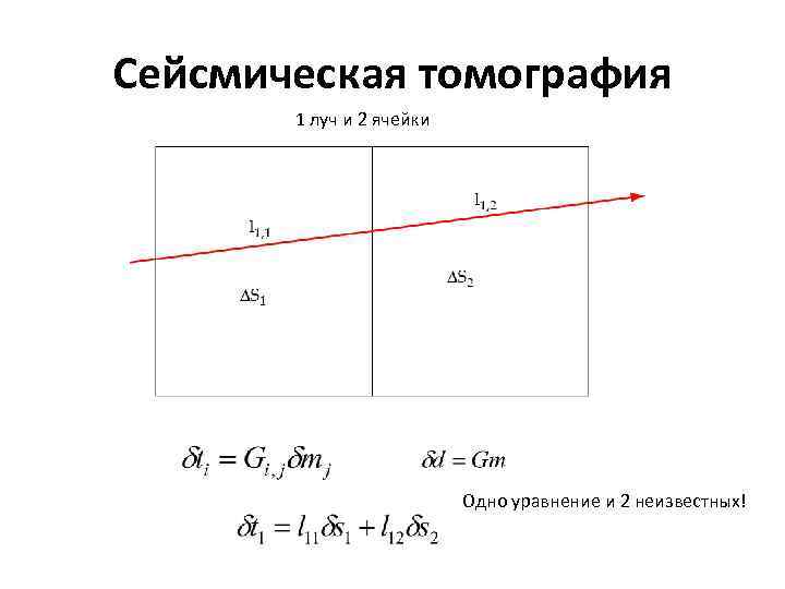 Сейсмическая томография 1 луч и 2 ячейки Одно уравнение и 2 неизвестных! 