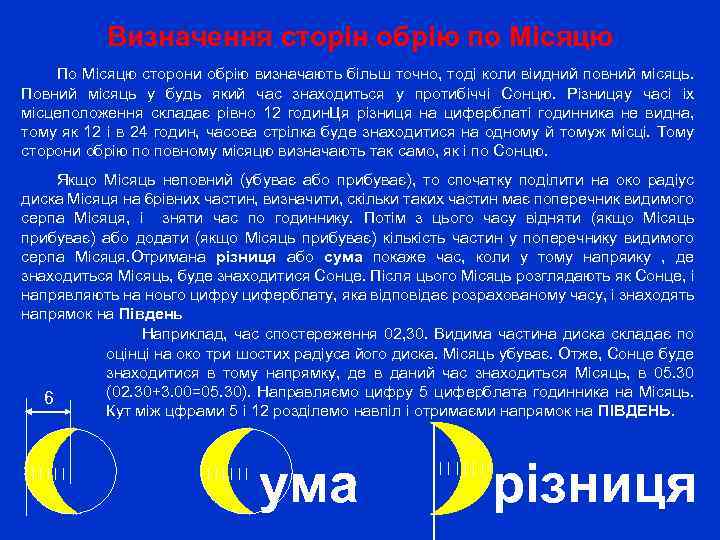  Визначення сторін обрію по Місяцю По Місяцю сторони обрію визначають більш точно, тоді