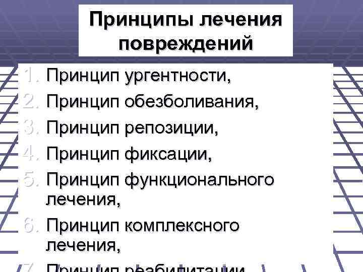 Принципы лечения повреждений 1. Принцип ургентности, 2. Принцип обезболивания, 3. Принцип репозиции, 4. Принцип