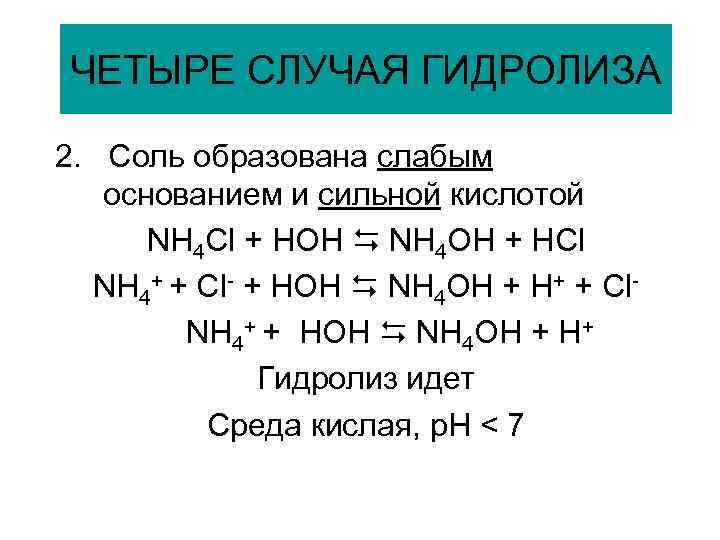 Соль образована слабым основанием и сильной кислотой. Гидролиз соли nh4cl усилитель. Nh4cl гидролиз уравнение. Nh4cl среда раствора. 4 Случая гидролиза.