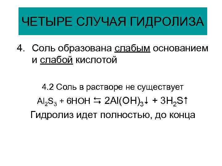 ЧЕТЫРЕ СЛУЧАЯ ГИДРОЛИЗА 4. Соль образована слабым основанием и слабой кислотой 4. 2 Соль
