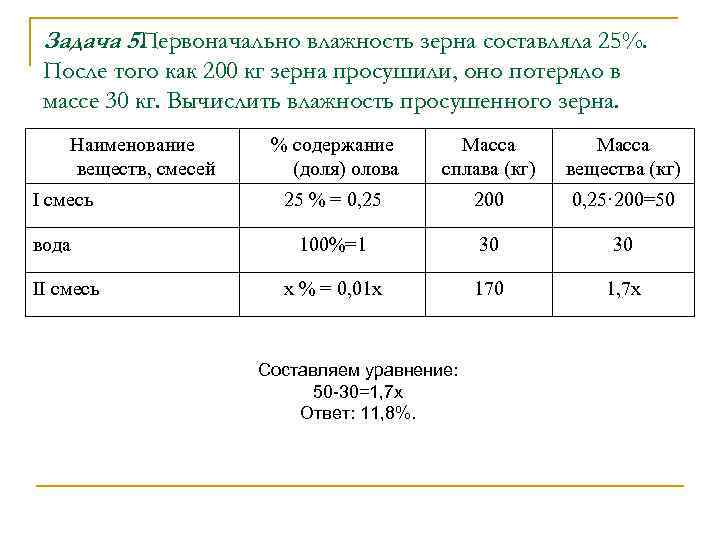 Задача 5. Первоначально влажность зерна составляла 25%. После того как 200 кг зерна просушили,