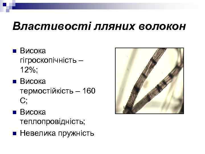 Властивості лляних волокон n n Висока гігроскопічність – 12%; Висока термостійкість – 160 С;