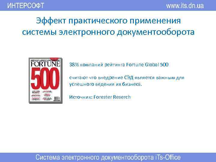 Эффект практического применения системы электронного документооборота 38% компаний рейтинга Fortune Global 500 считают что