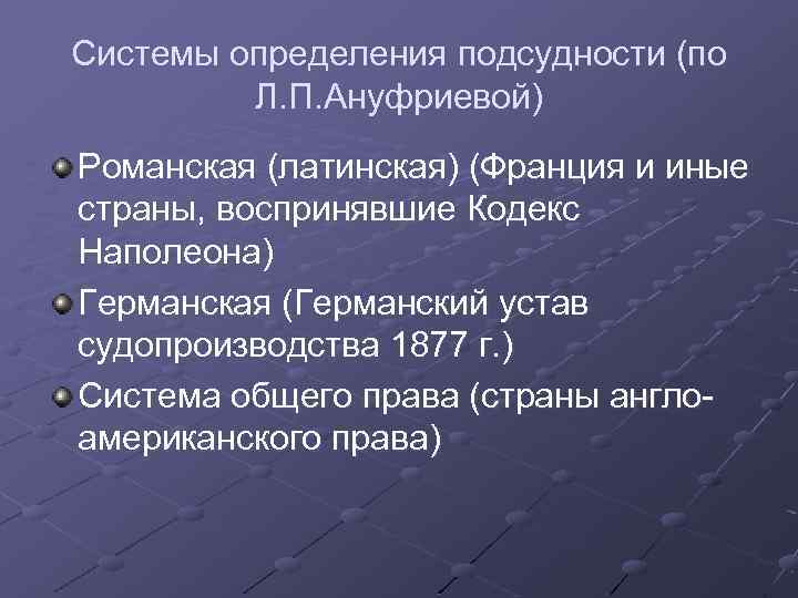 Системы определения подсудности (по Л. П. Ануфриевой) Романская (латинская) (Франция и иные страны, воспринявшие