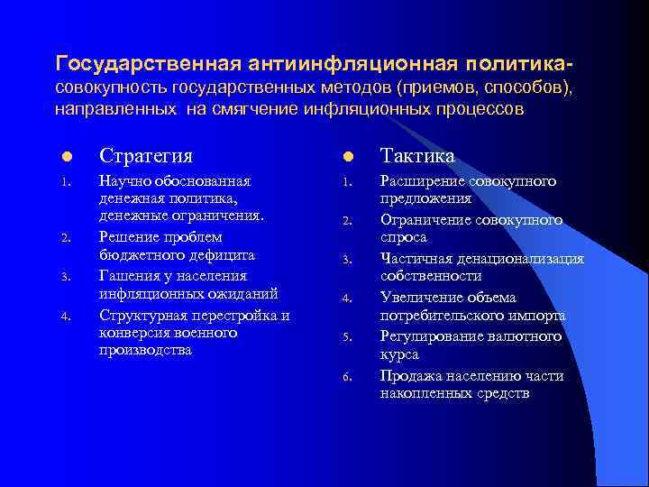 Государственная антиинфляционная политикасовокупность государственных методов (приемов, способов), направленных на смягчение инфляционных процессов l Стратегия