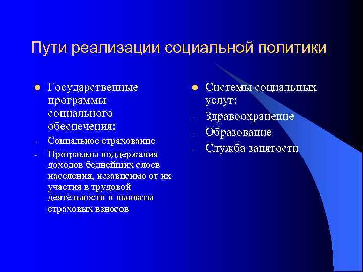Пути реализации социальной политики l - Государственные программы социального обеспечения: Социальное страхование Программы поддержания