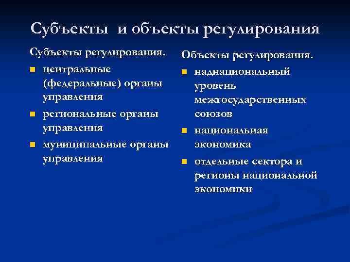 Объекты и субъекты государственного регулирования экономики презентация