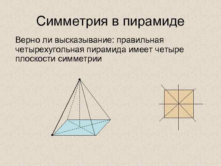 Симметрия в пирамиде Верно ли высказывание: правильная четырехугольная пирамида имеет четыре плоскости симметрии 