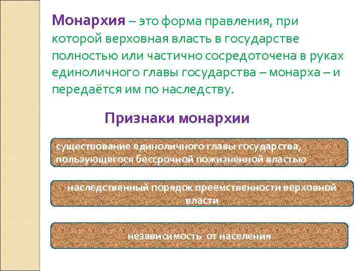 Монархия – это форма правления, при которой верховная власть в государстве полностью или частично