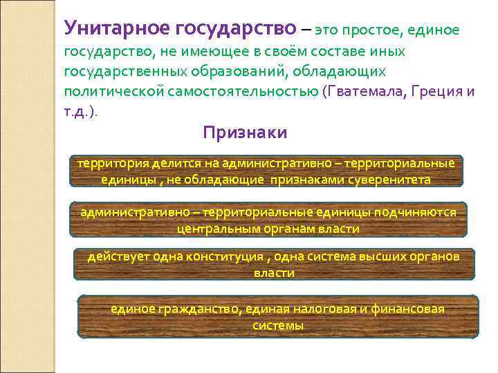 Унитарное государство – это простое, единое государство, не имеющее в своём составе иных государственных