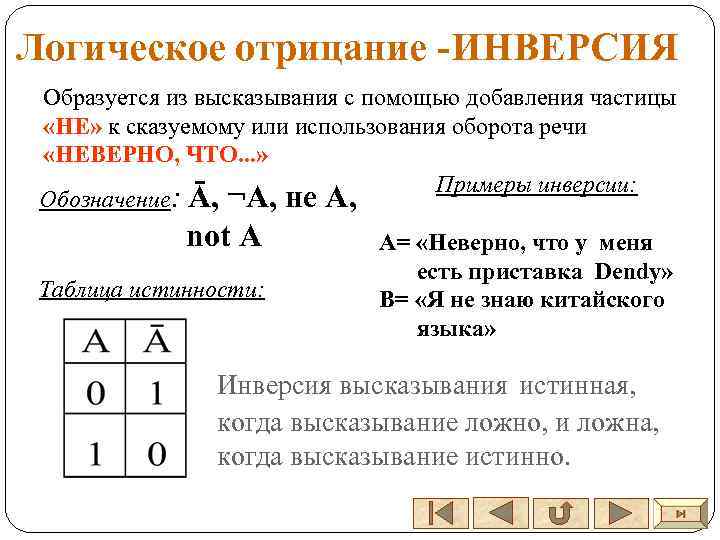 Логическое отрицание -ИНВЕРСИЯ Образуется из высказывания с помощью добавления частицы «НЕ» к сказуемому или