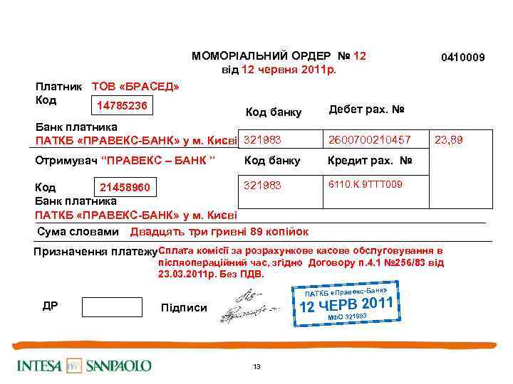 МОМОРІАЛЬНИЙ ОРДЕР № 12 від 12 червня 2011 р. Платник ТОВ «БРАСЕД» Код 14785236