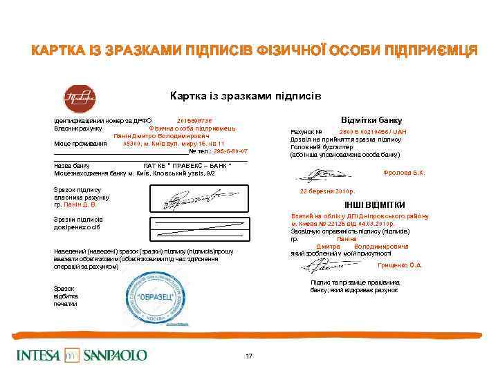КАРТКА ІЗ ЗРАЗКАМИ ПІДПИСІВ ФІЗИЧНОЇ ОСОБИ ПІДПРИЄМЦЯ Картка із зразками підписів Ідентифікаційний номер за