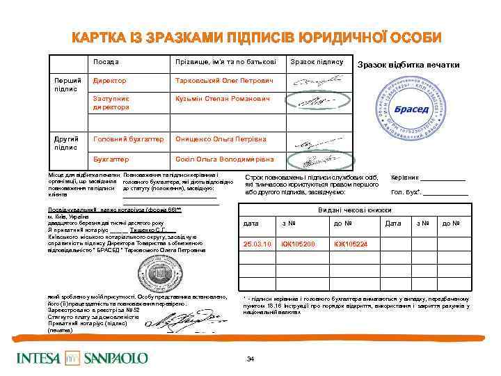 КАРТКА ІЗ ЗРАЗКАМИ ПІДПИСІВ ЮРИДИЧНОЇ ОСОБИ Посада Тарковський Олег Петрович Кузьмін Степан Романович Головний