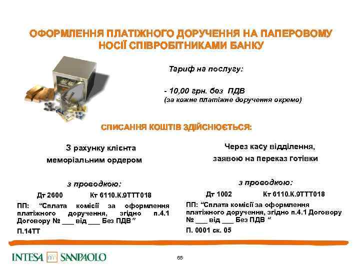ОФОРМЛЕННЯ ПЛАТІЖНОГО ДОРУЧЕННЯ НА ПАПЕРОВОМУ НОСІЇ СПІВРОБІТНИКАМИ БАНКУ Тариф на послугу: - 10, 00