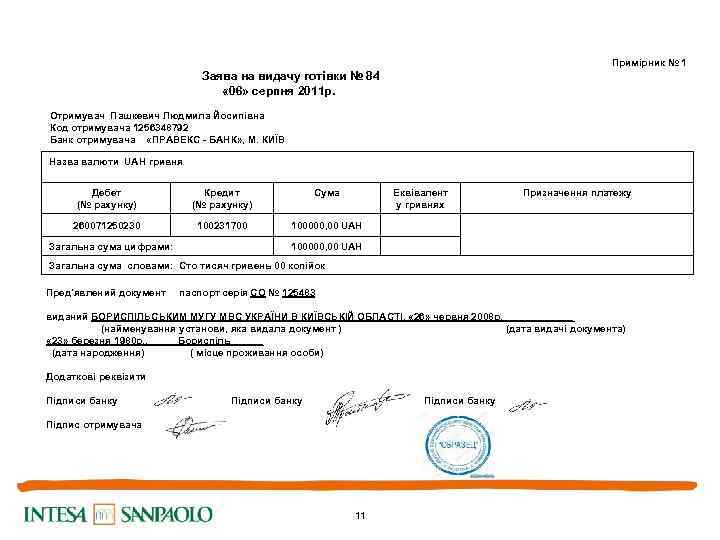 Примірник № 1 Заява на видачу готівки № 84 « 06» серпня 2011 р.
